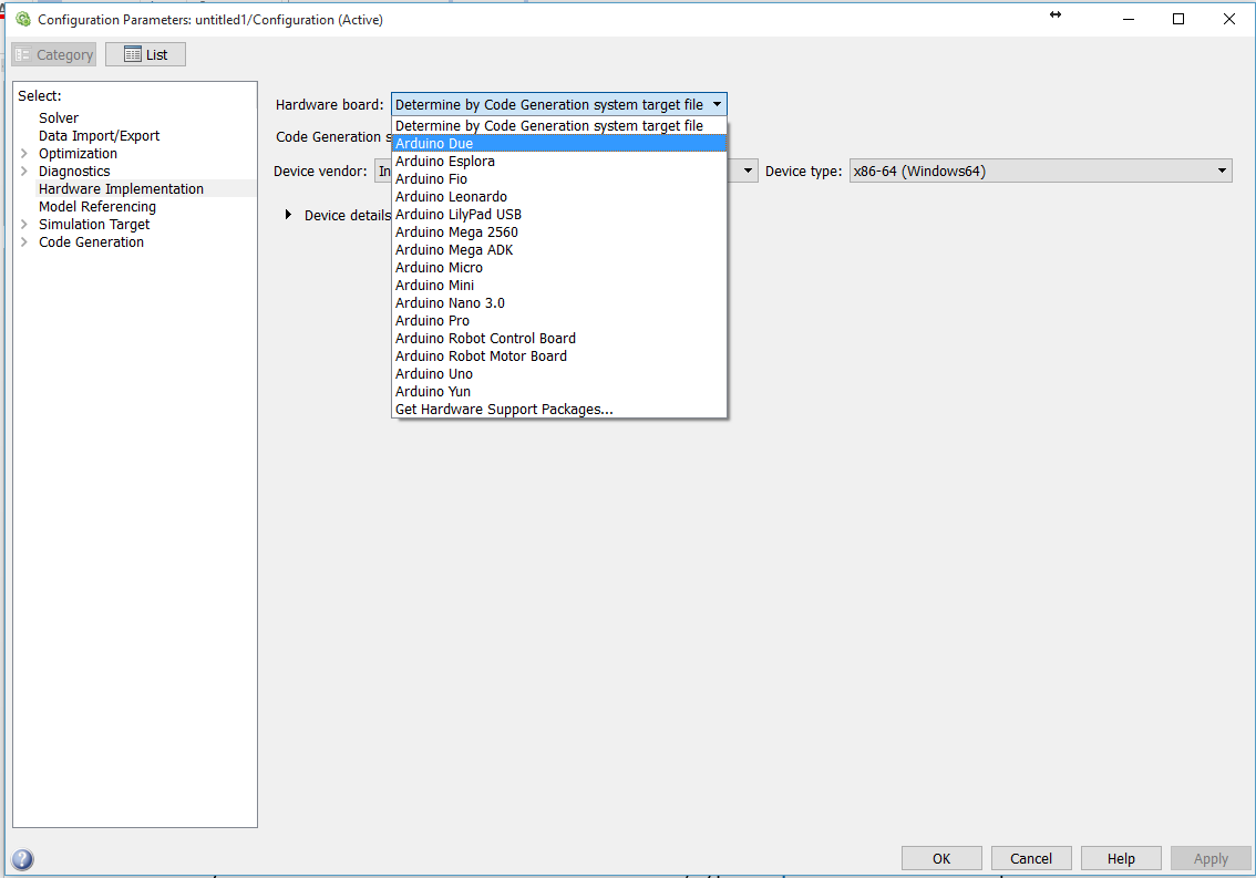 Selecting Arduino Due as target hardware