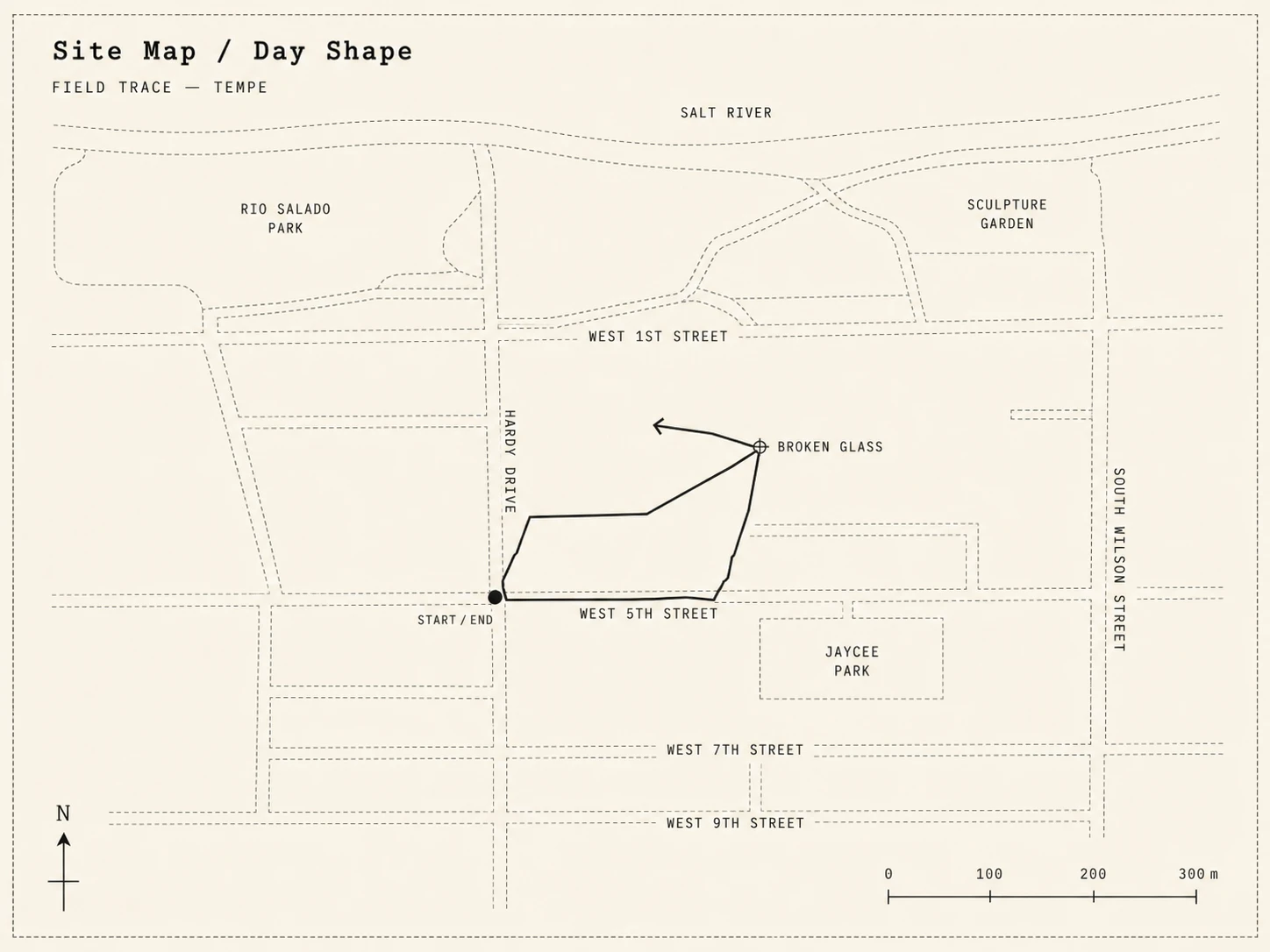Minimal day-shape map of Tempe with a broken glass waypoint
