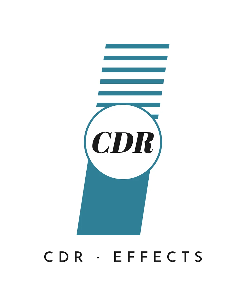 CDR Effects minimal logo: teal slanted striped column with a white CDR roundel above the CDR · EFFECTS wordmark, on white