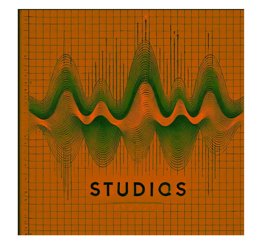 Green and orange waveform above the word STUDIOS on an orange field
