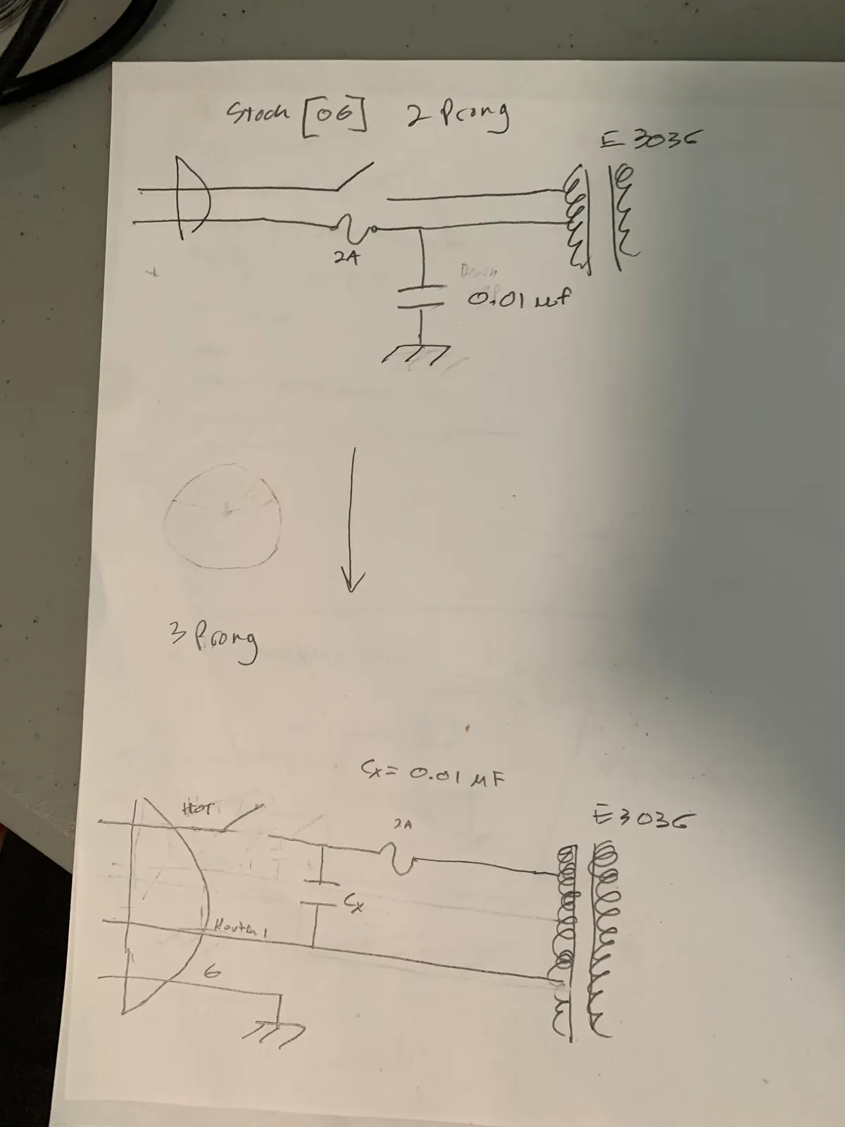 Hand drawing comparing stock two-prong wiring with a 0.01 uF cap to chassis against three-prong wiring with Cx across the line