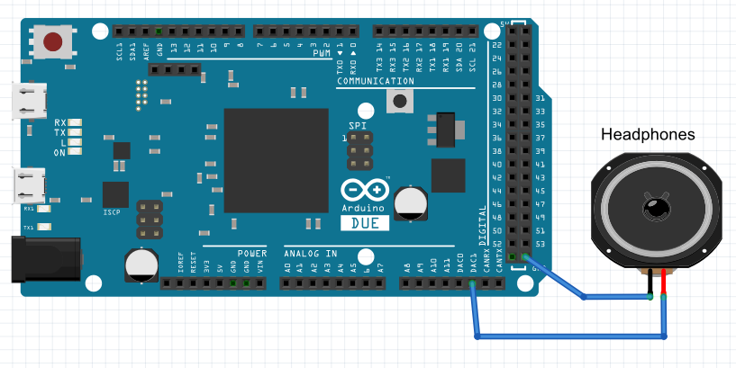 Circuit connection diagram for Arduino Due and headphones