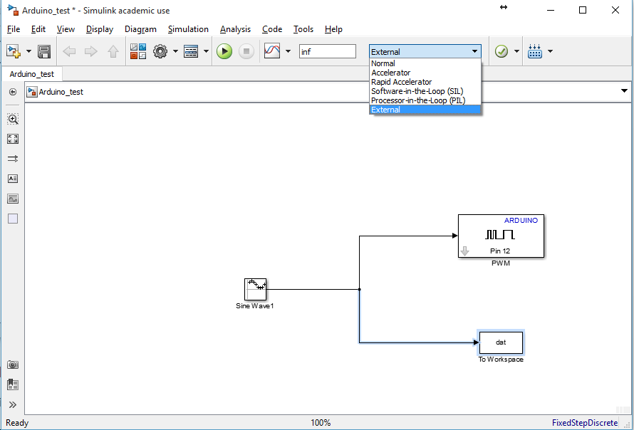 Arduino test Simulink model in external mode