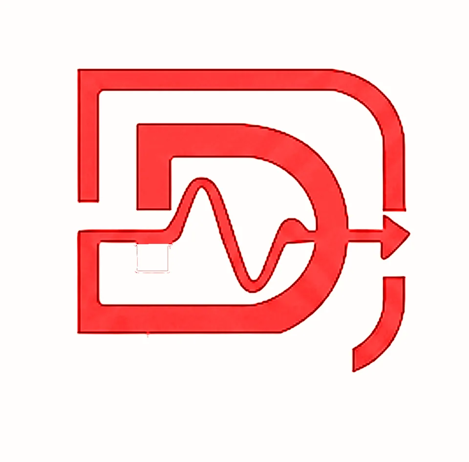 Red D monogram with a square-wave line running through its centre