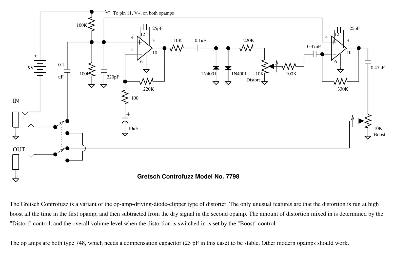 Gretsch Controfuzz Model No. 7798 schematic with two 748 op amps, 1N4001 clipping diodes, Distort and Boost controls