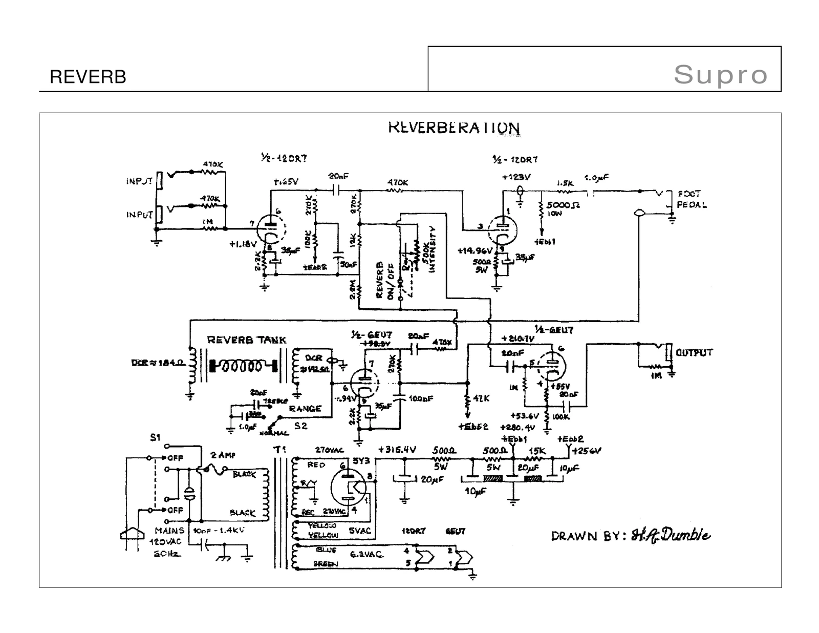 Supro Reverb schematic drawn by H.A. Dumble